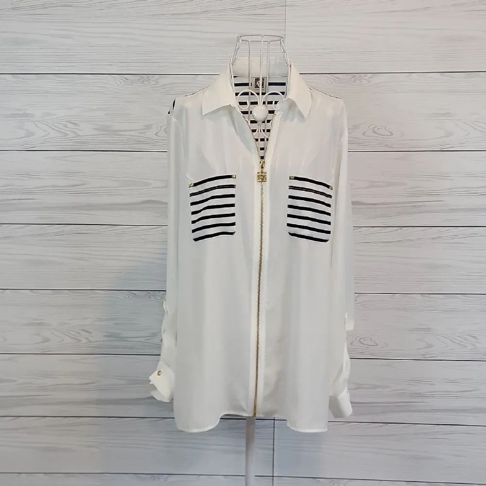 Ann Klein White Zip-Front Sheer Blouse with Black Striped Pockets Womens Size L